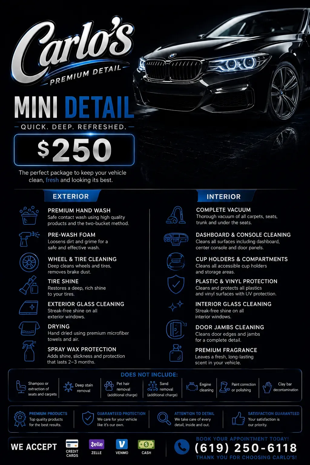 Mini Detail package details — interior and exterior inclusions, Carlo's Premium Detail